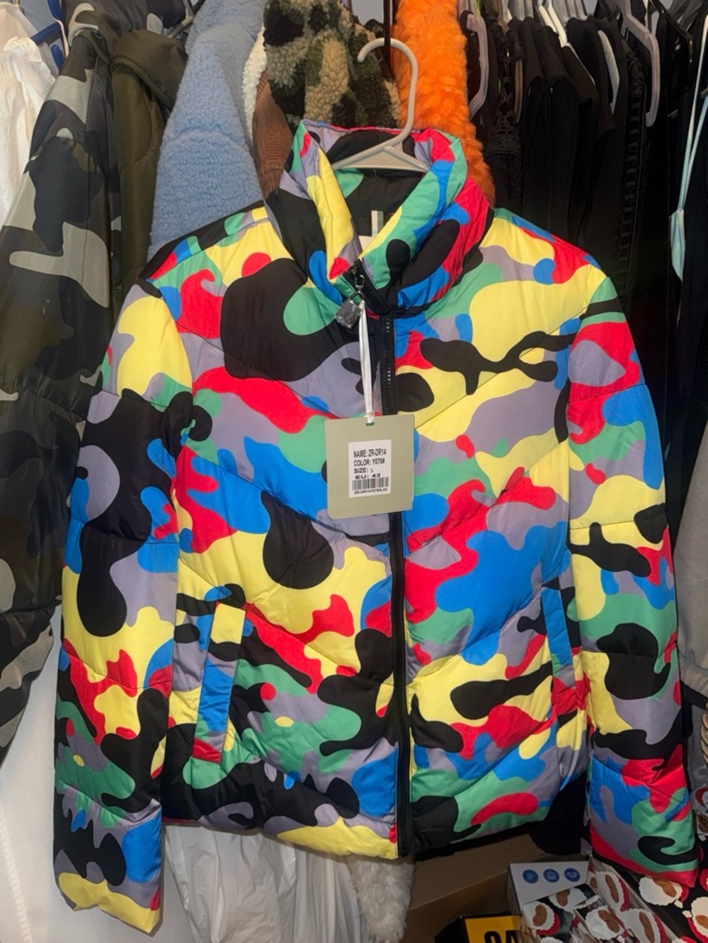 Womens Multicolor Camouflage Puffer Jacket - Bright Multi